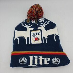 Miller Lite Winter Hat Adult One Size Blue Red Pom Knit Cap Reindeer Christmas